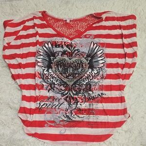 Red and White Striped Graphic Heart Wing Top